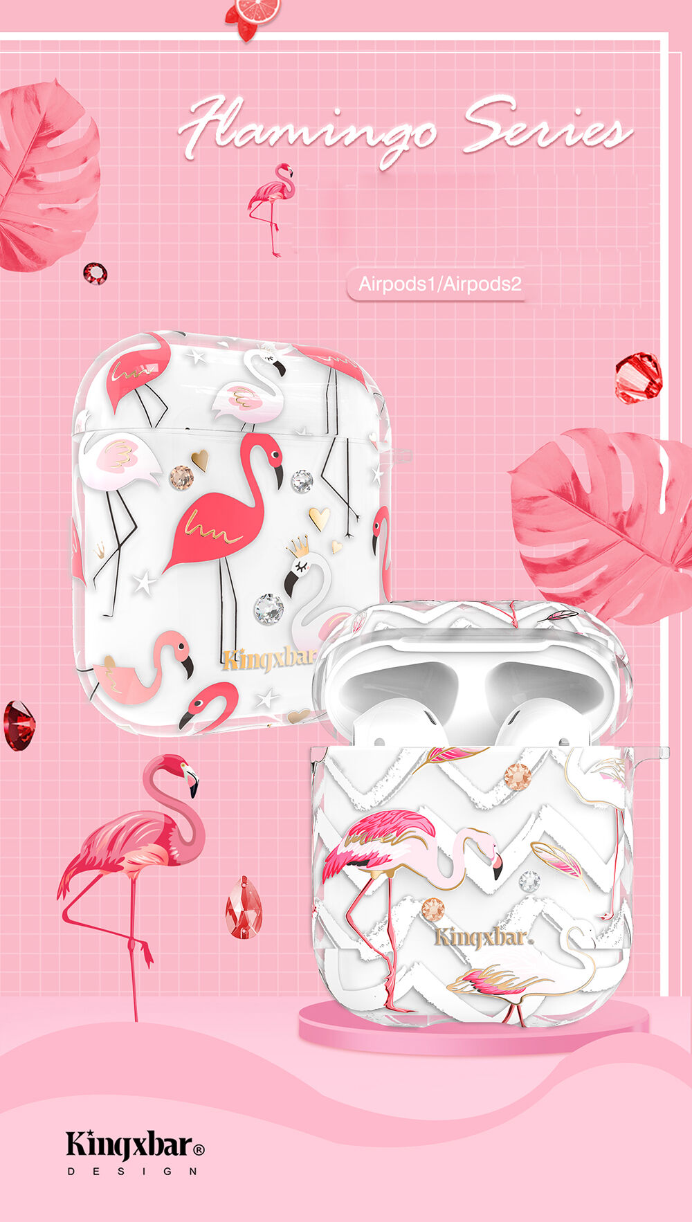 Kingxbar proziran omot s kamenčićima za AirPods 1 / 2 - valovi i flamingosi