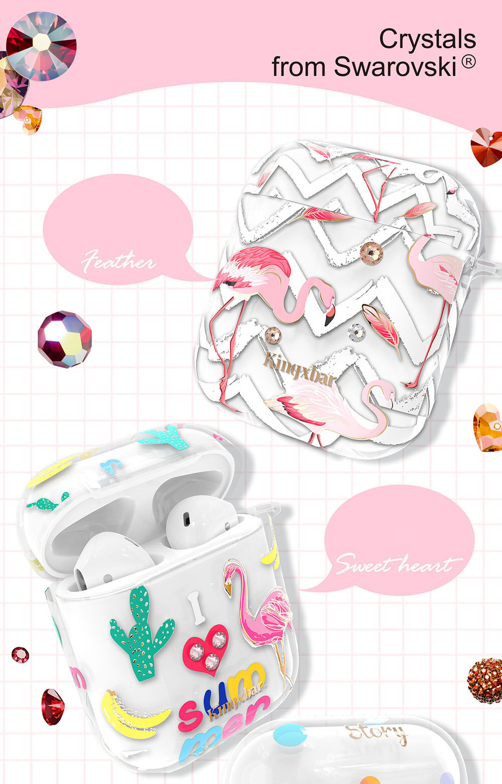 Kingxbar proziran omot s kamenčićima za AirPods 1 / 2 - valovi i flamingosi