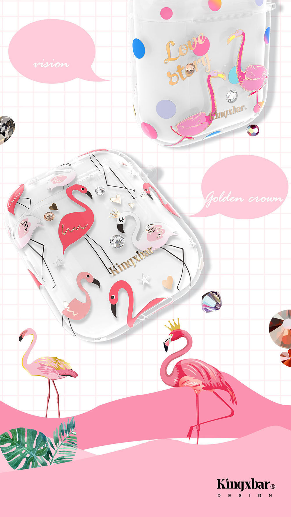 Kingxbar proziran omot s kamenčićima za AirPods 1 / 2 - valovi i flamingosi