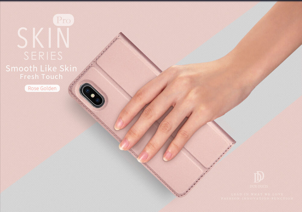 DUX DUCIS futrola s postoljem i pretincem za dokumente za Apple iPhone XS / iPhone X - Ružičasto-zlatna