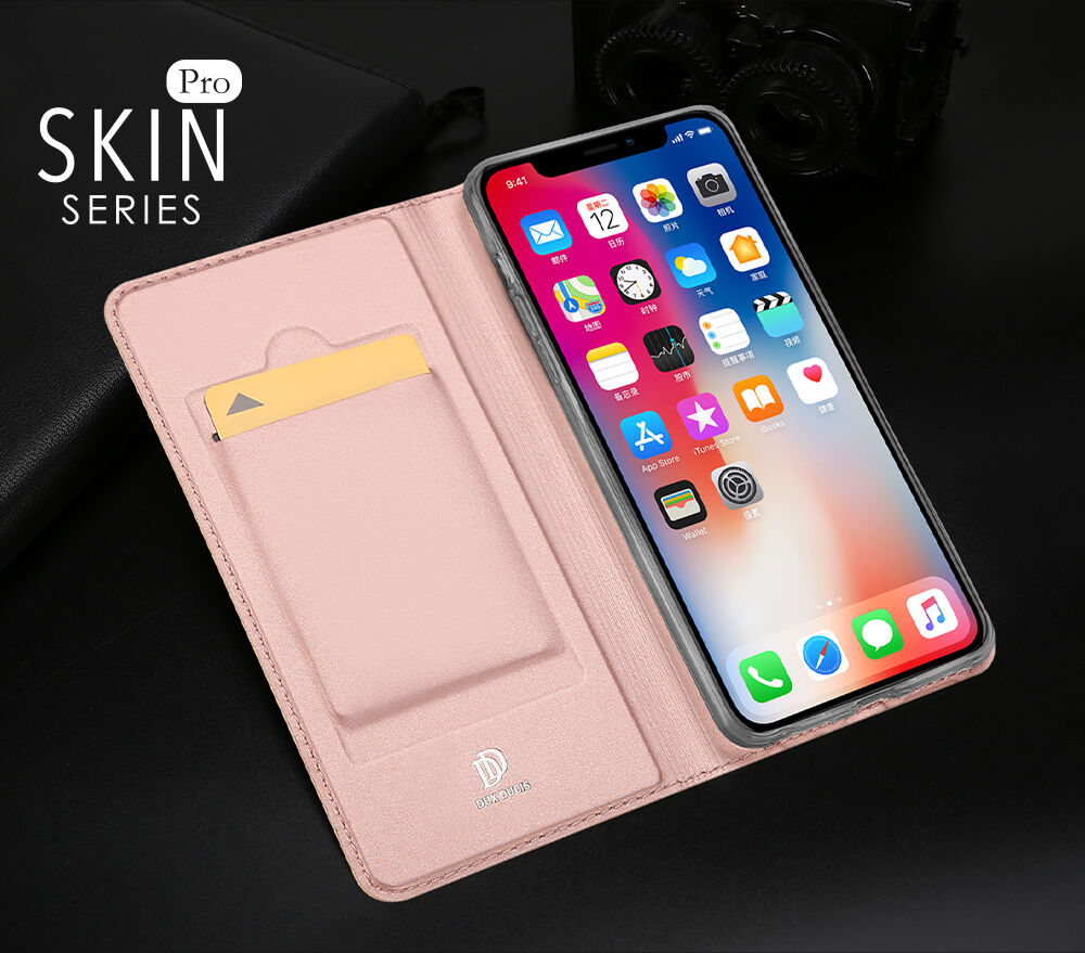 DUX DUCIS futrola s postoljem i pretincem za dokumente za Apple iPhone XS / iPhone X - Ružičasto-zlatna