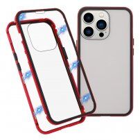 Futrola za cijeli mobitel od kaljenog stakla s metalnim okvirom za iPhone 13 Pro Max - crveno