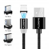 FLOVEME Round magnetski kabel USB-A / USB-C / Micro USB / Lightning za iPhone / iPad / iPod / AirPods - 1 m - crna