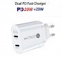 Adapter sa brzim punjenjem 40W i dualnim priključkom PD USB-C / QC USB-C za iPhone / iPad - bijeli