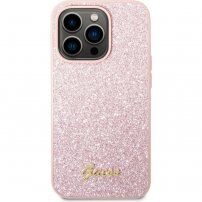 Guess Glitter Flakes Metal Logo svjetlucavi etui za iPhone 14 Pro Max - ružičasti