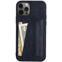Kožni etui s džepom za kartice i stalkom za iPhone 12 Pro Max - tamno plavi