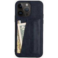 Kožni etui s džepom za kartice i stalkom za iPhone 14 Pro - tamno plavi