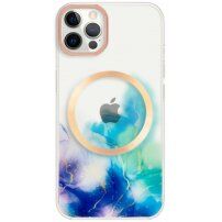 Prozirni etui s akvarel uzorkom i MagSafe za iPhone 12 Pro Max - plavi
