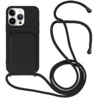 Silikonska maska sa konopcem i džepom za kartice za iPhone 13 Pro Max - crni