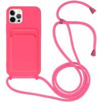 Silikonska maska sa konopcem i džepom za kartice za iPhone 11 Pro Max - neonska ružičasta