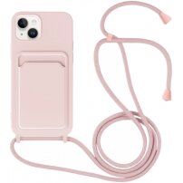 Silikonska maska sa konopcem i džepom za kartice za iPhone 14 Plus - ružičasti