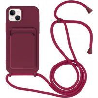 Silikonska maska sa konopcem i džepom za kartice za iPhone 14 Plus - boja vina