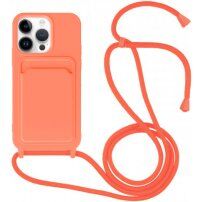 Silikonska maska sa konopcem i džepom za kartice za iPhone 14 Pro Max - neonska narančasta