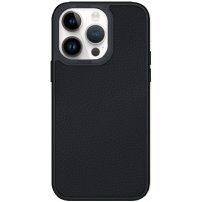 Kožna maska sa metaliziranim okvirom za iPhone 14 Pro - crni