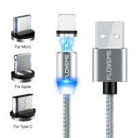 FLOVEME Round magnetski kabel USB-A / USB-C / Micro USB / Lightning za iPhone / iPad / iPod / AirPods - 1 m - srebrna