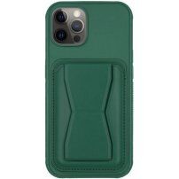 Kožna maska s džepom za kartice i preklopnim postoljem za iPhone 12 Pro Max - tamno zelena