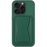 Kožna maska s džepom za kartice i preklopnim postoljem za iPhone 13 Pro - tamno zelena