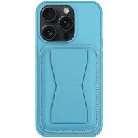 Kožna maska s džepom za kartice i preklopnim postoljem za iPhone 14 Pro Max - plava
