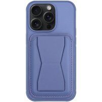 Kožna maska s džepom za kartice i preklopnim postoljem za iPhone 14 Pro Max - ljubičasta