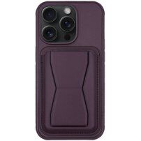 Kožna maska s džepom za kartice i preklopnim postoljem za iPhone 14 Pro Max - tamno ljubičasta