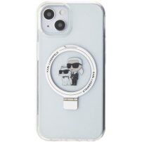 Karl Lagerfeld Ringstand Karl and Choupette maska s preklopnim postoljem i MagSafe za iPhone 15 Plus - prozirna
