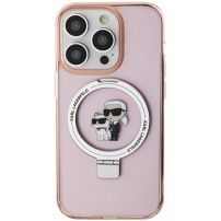 Karl Lagerfeld Ringstand Karl and Choupette Flip Cover i MagSafe za iPhone 15 Pro - Pink