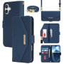 Flip case u stilu novčanika s remenom za iPhone 16 Plus - tamnoplava