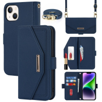 Preklopna torbica s remenom u stilu novčanika za iPhone 15 Plus - tamnoplava