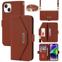 Flip case u stilu novčanika s remenom za iPhone 15 Plus - smeđa