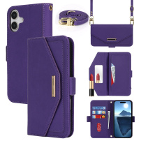 Flip case u stilu novčanika s remenom za iPhone 16 Plus - ljubičasta