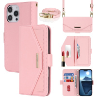 Flip case u stilu novčanika s remenom za iPhone 16 Pro - roza