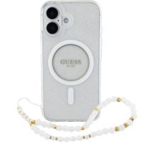 Guess IML Glitter Beads Strap Case s petljom i MagSafe za iPhone 16 - srebrna