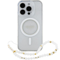 Guess IML Glitter Beads Strap Case s petljom i MagSafe za iPhone 16 Pro - srebrna
