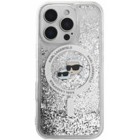 Karl Lagerfeld Liquid Glitter Karl and Choupette Heads Cover s MagSafe za iPhone 16 Pro - srebrna