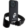 Karl Lagerfeld Metalna maska Saffiano Crossbody Karl and Choupette s podesivim remenom za iPhone 16 Pro - crna