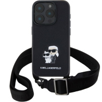 Karl Lagerfeld Metalna maska Saffiano Crossbody Karl and Choupette s podesivim remenom za iPhone 16 Pro Max - crna
