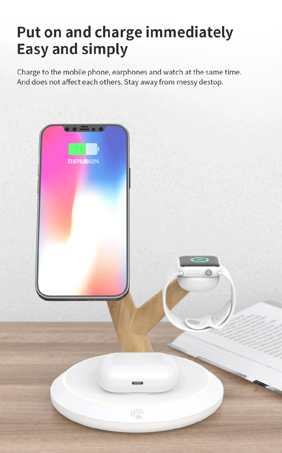 TH02 3-u-1 magnetsko bežično postolje za iPhone / Apple Watch / AirPods - 15W - bijelo