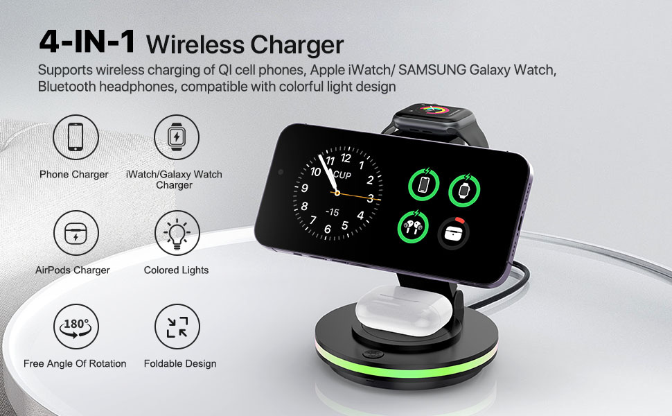 X548 3-u-1 rotirajući magnetski bežični stalak s pozadinskim osvjetljenjem za iPhone / Apple Watch / AirPods - 15W - crni