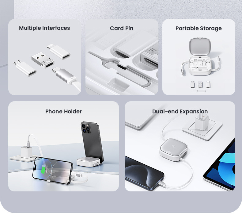 USAMS US-SJ650 set s uvlačivim USB-C kabelima, adapterima i iglom - ljubičasta
