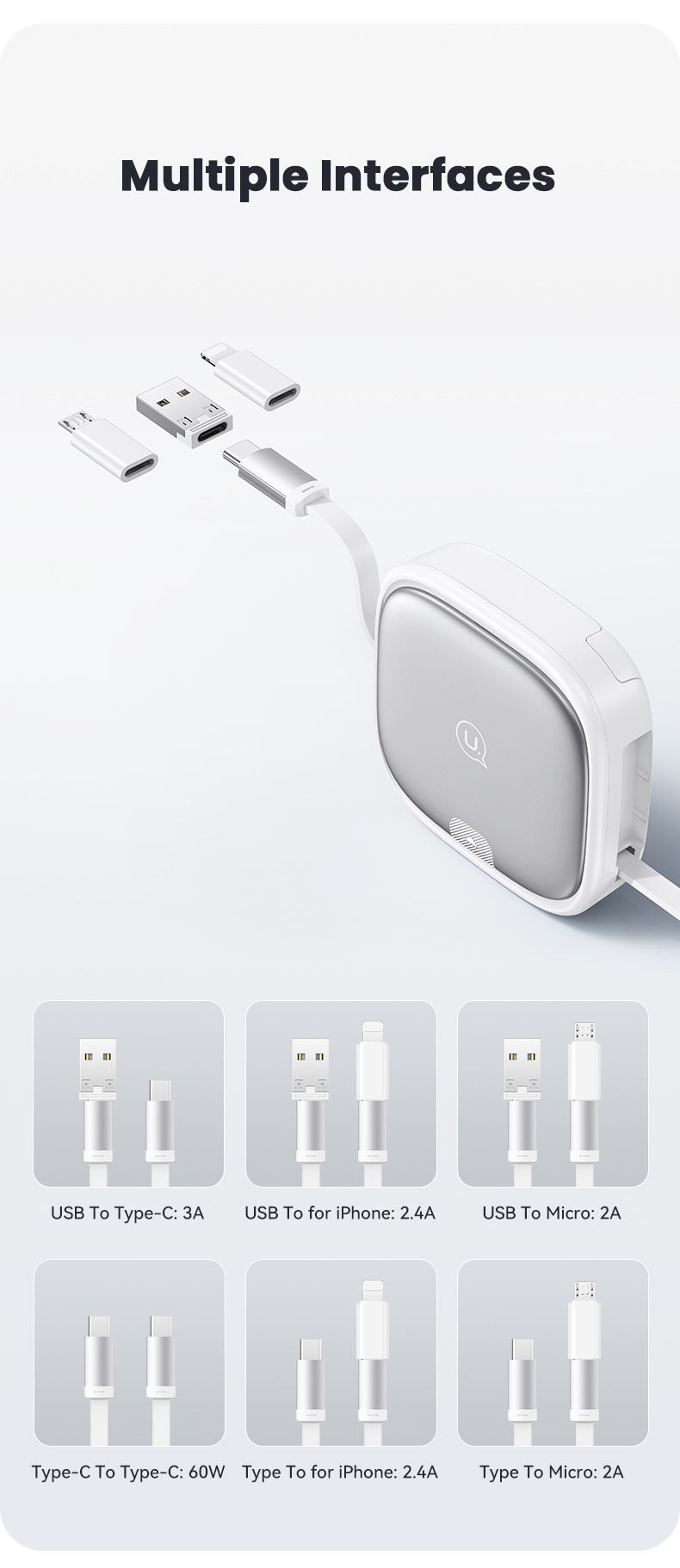 USAMS US-SJ650 set s uvlačivim USB-C kabelima, adapterima i iglom - crni