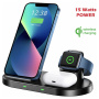 Swissten 2u1 bežični stalak za iPhone / AirPods s prostorom za punjač za Apple Watch - 15W - crni