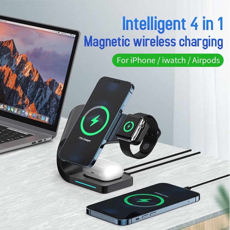 Appleking 4u1 magnetsko bežično postolje za iPhone / Apple Watch / AirPods - 15W - crno