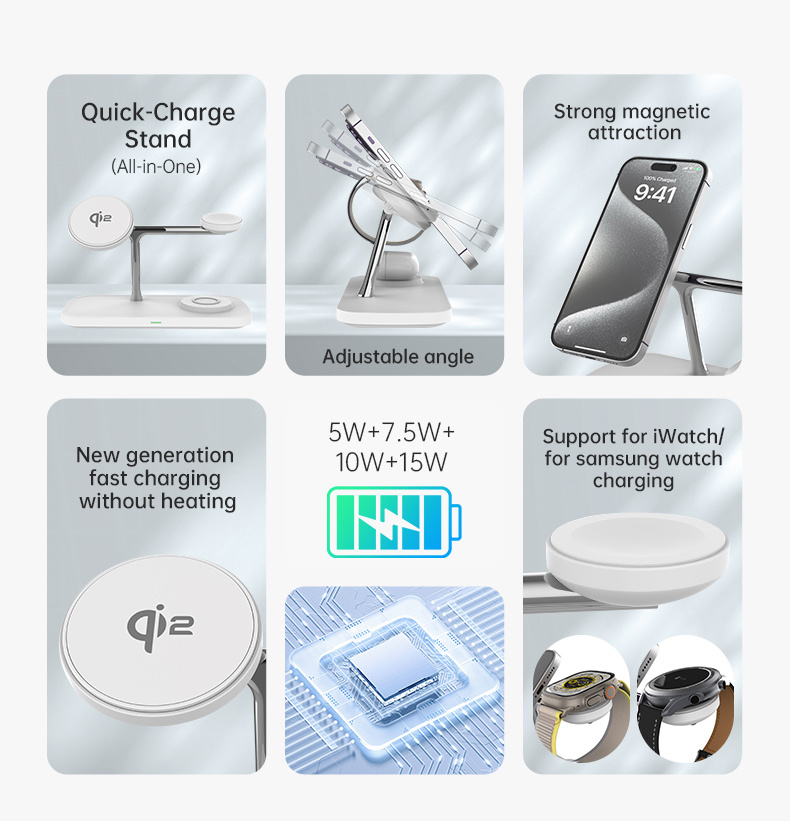 T255 Qi2 3u1 magnetski bežični stalak za iPhone / Apple Watch / AirPods - 15W - bijeli