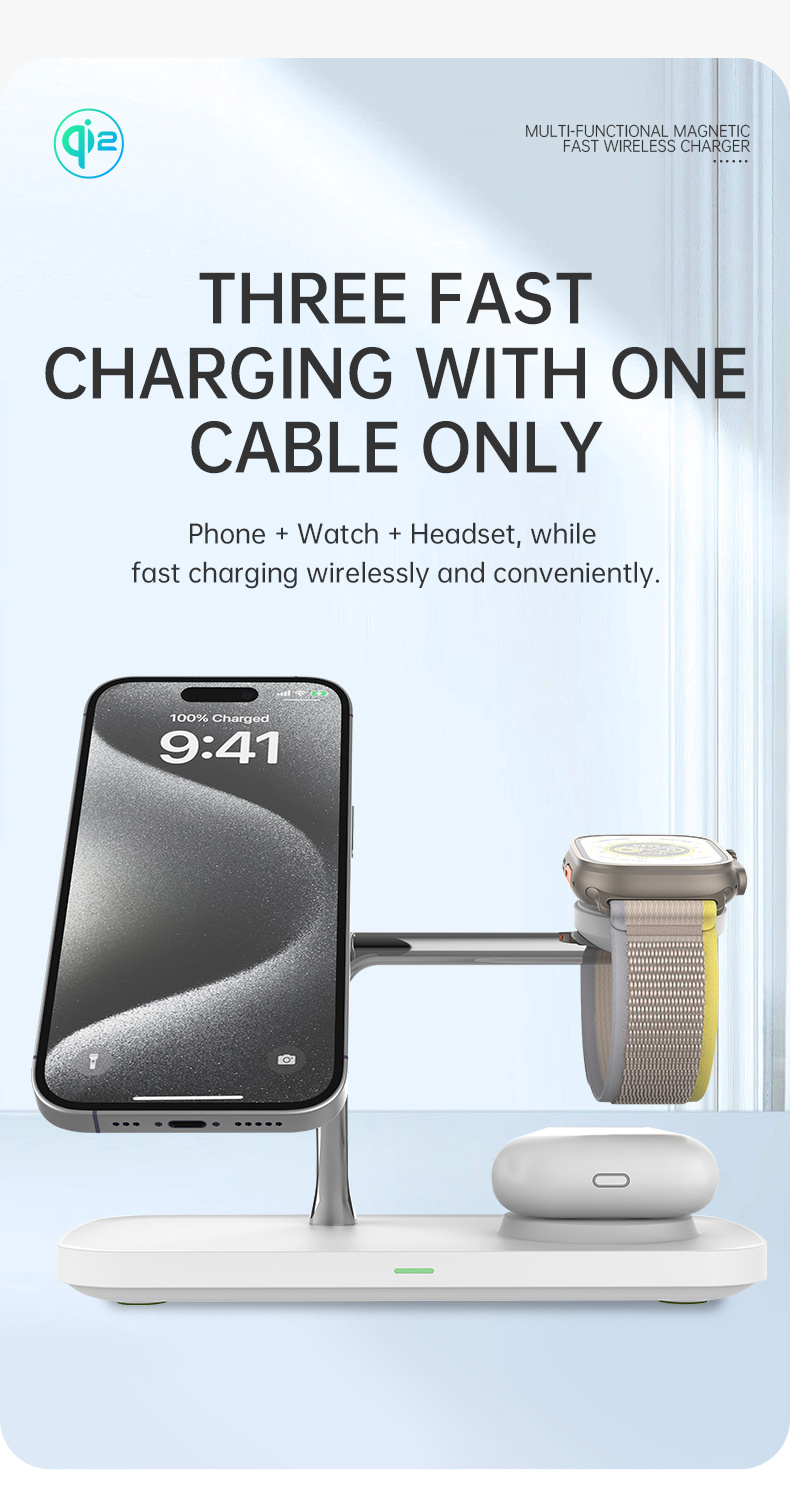 T255 Qi2 3u1 magnetski bežični stalak za iPhone / Apple Watch / AirPods - 15W - bijeli