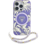 Guess IML Palm Trees Triangle Logo Pearl Strap maska s remenom i MagSafe za iPhone 16 Pro - ljubičasta