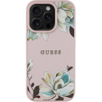 Guess Grained Magnolia maska sa uzorkom cvijeća i MagSafe za iPhone 16 Pro - ružičasta