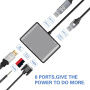 FX-1815B 8-u-1 hub - utor za TF karticu / HDMI / VGA / 3,5 mm priključak / USB-C / 3x USB-A na USB-C za MacBook - sivi