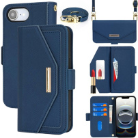 Preklopna maska s remenom u stilu pismo torbe za iPhone 16e / 17e - tamnoplava