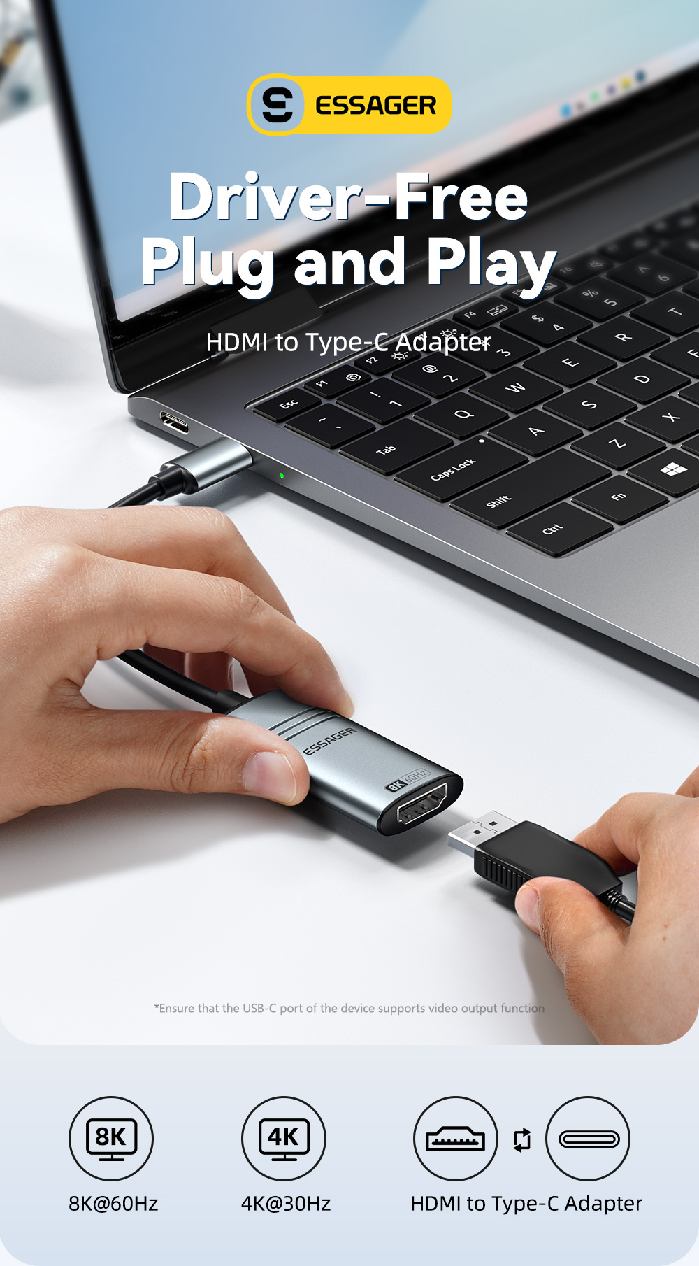 ESSAGER ES-OTG23 video redukcija - HDMI na USB-C - tamno siva