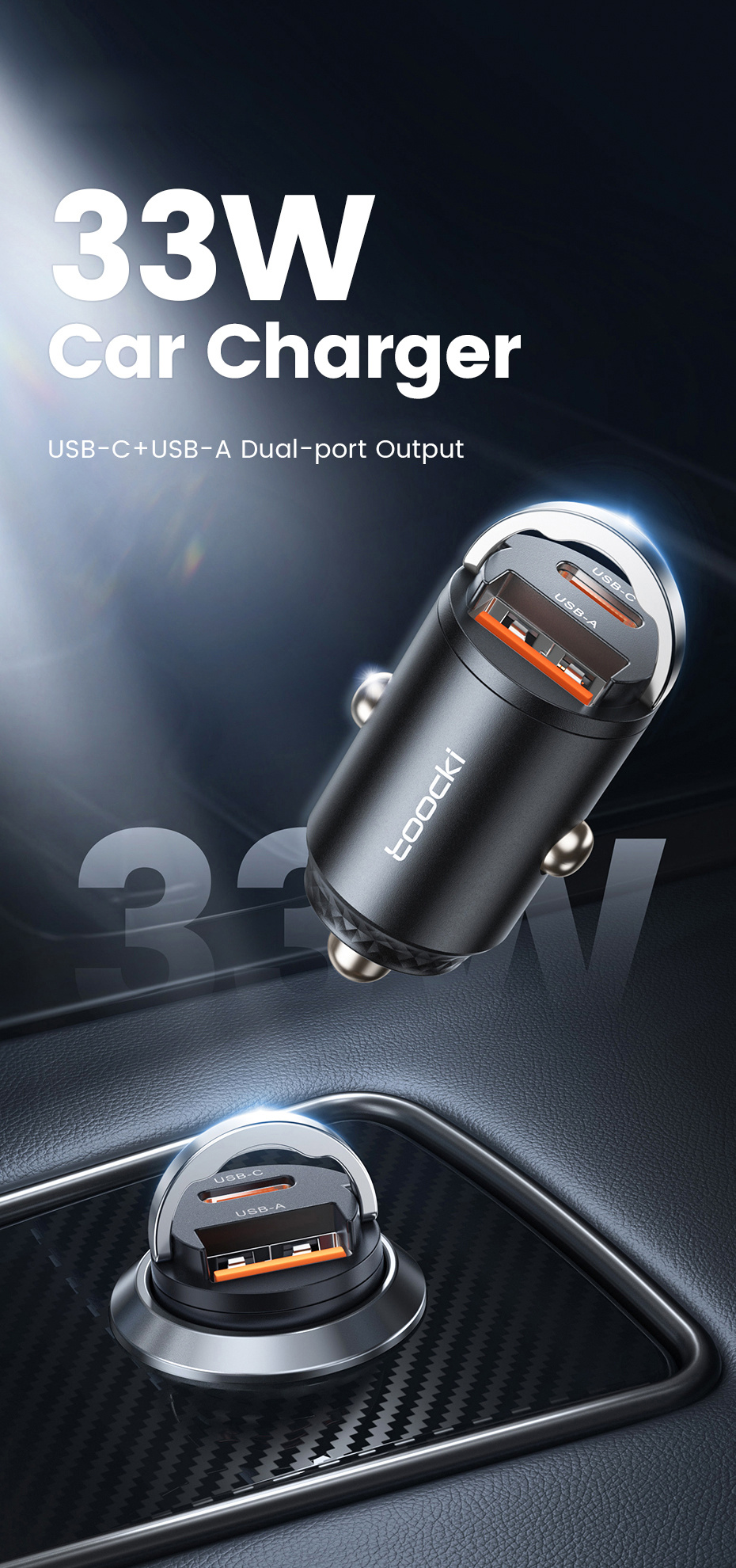 Toocki TQ-CC34A mini auto punjač s USB-C / USB-A priključcima - 30W - crni